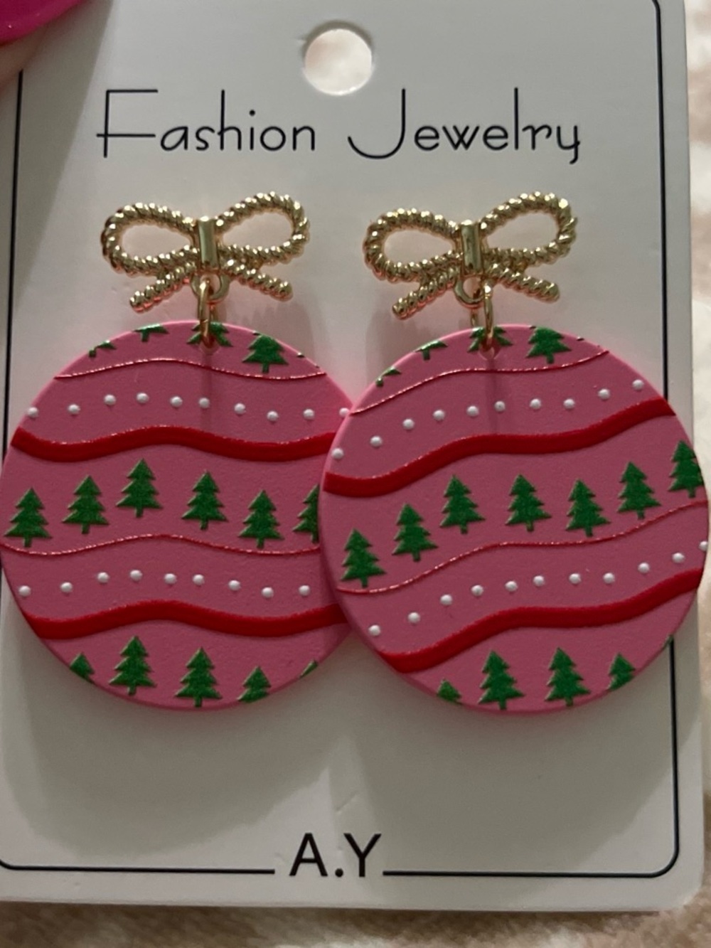 Pink Holiday Ornament Dangle Earrings with Gold Bow
